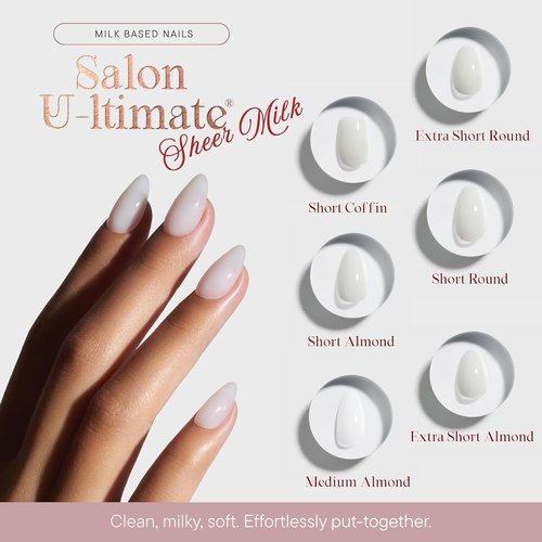 Celebritips Press On Nails - Salon U-ltimate™ | Sheer Milk Short Almond Design | 32 Nails Kit with Glue & Tabs