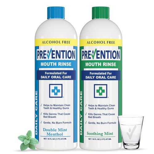 Prevention Daily Care Combo Pack, Alcohol-Free Mouthwash, Hydrogen Peroxide Teeth Whitening, 1 Bottle of Soothing Fresh Mint, 1 Bottle of Double Mint Menthol, Gum Care Oral Mouth Rinse 16 oz 2 Pack.