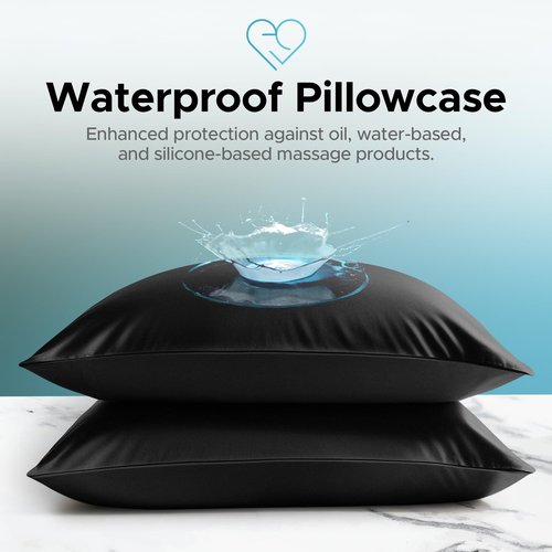 Black Waterproof Pillowcase Protector Set of Two | Safe with Oil, Water-Based, & Silicone-Based Massage Products | Hypoallergenic, Noiseless, Machine Washable