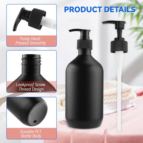 BOSMOIW 3 Pieces 500ML/17OZ Black Matte PET Soap Dispenser,Plastic Shampoo Pump Bottle,Empty Hand Soap Containers,Bathroom Countertop Pump Dispensers for Shampoo,Conditioner,Shower Gel,Massage Oil