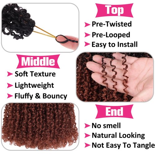 Unionbeauty Pre-looped Yanky Twists Crochet Braids Hair 12 Inch 8 PCS Copper Red Bohemian Pre-twisted Micro Passion Twist Hair Ginger Spring Twist with Bouncy Synthetic Crochet Hair Extensions 1B/350#