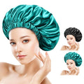 MIAETFH 2PCS Silk Sleeping Bonnet，Double Layer Satin Bonnet for Women，Adjustable Silk Hair Cap, Shower Cap, Ideal Gift (Black+Blue)