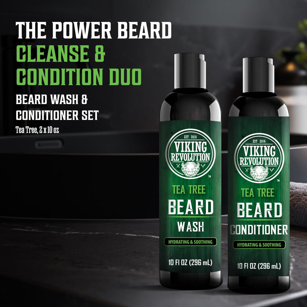 Viking Revolution Tea Tree Oil Beard Wash and Beard Conditioner For Men - Natural Beard Softener Set with Argan Oil, Vitamin E and Ginseng - Tea Tree Beard Shampoo and Conditioner Set (10 Oz)