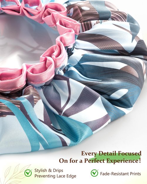 mikimini Large Shower Cap for Women Reusable Waterproof, Hair Cap for Shower with Double Layers, Tropic Style Hair Cover with Elastic Band for Shower suit for Long Hair, Braids