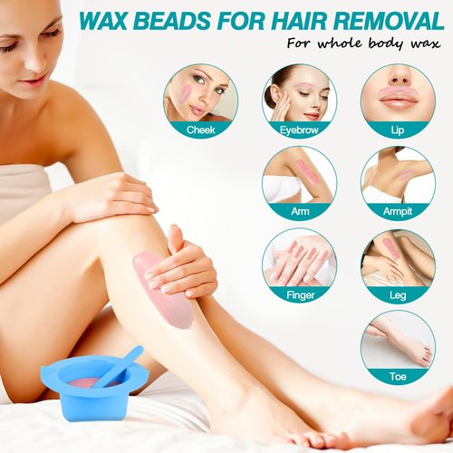 2lb Hard Wax Beads, Stripless Wax Bead for Sensitive Skin, Professional Brazilian Waxing Beads, Bikini, Body, Face, Legs, Back, Chest, Coarse Hair Removal, At-Home Salon, 1 Silicone Pot and 5 Sticks