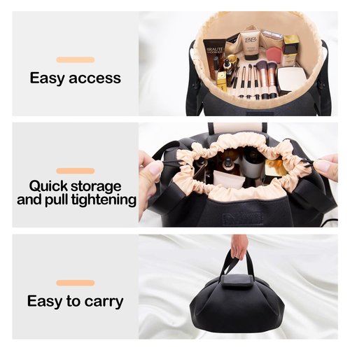 FANGENKE Women's Day-Drawstring Makeup Organizer Bag,Large Lay Makeup Bag,Portable Waterproof Leather Travel Bags - Durable, Machine Washable Toiletry Bag (Black Large)