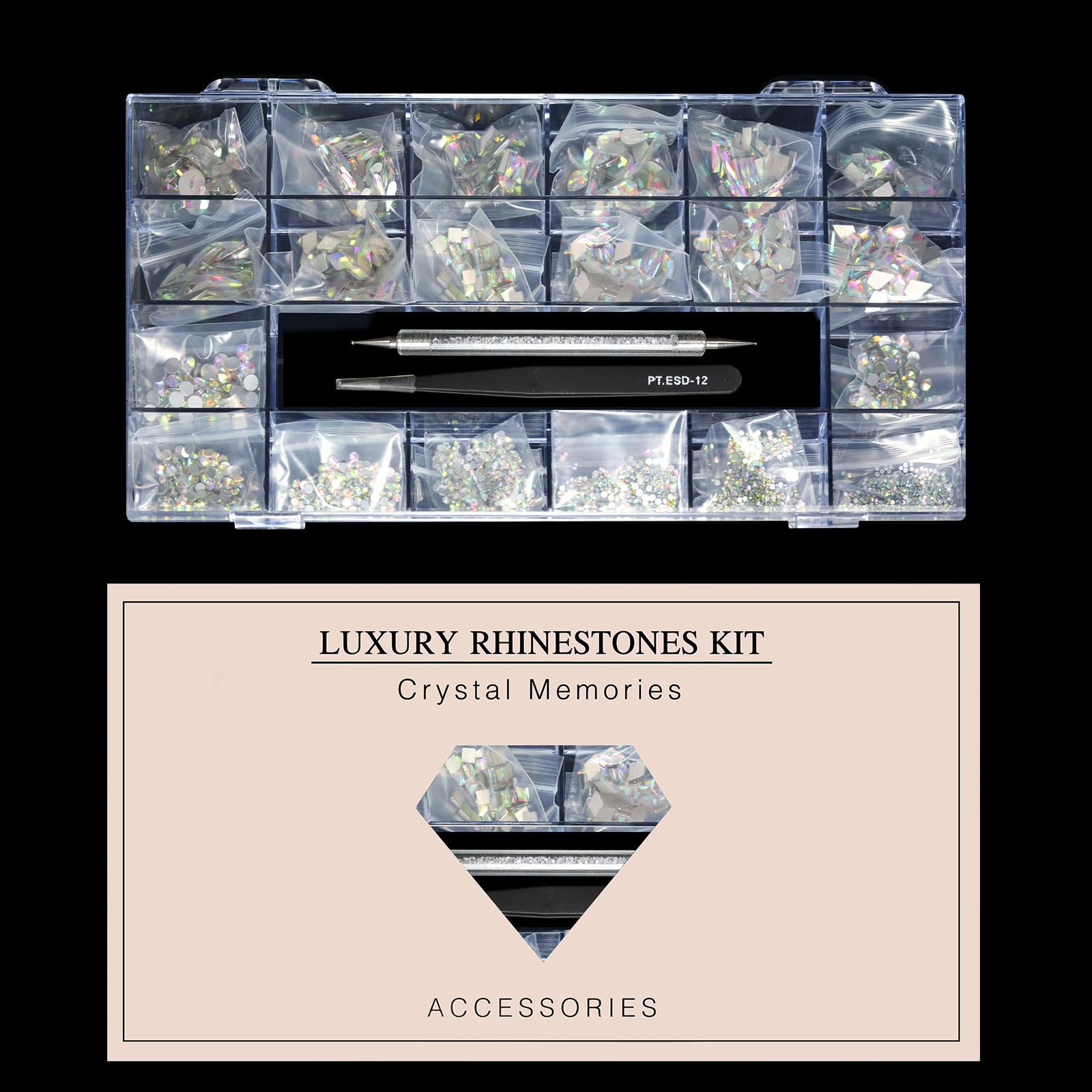 Yzzseven 12 Types of 600 Crystal AB Diamonds + 2500 Flat Rhinestones Mix 20 Styles Flatback DIY Crafts Rhinestone Crystals 3D Ornament‌s Flat Back Stones Set + Tweezers + Drill Pen