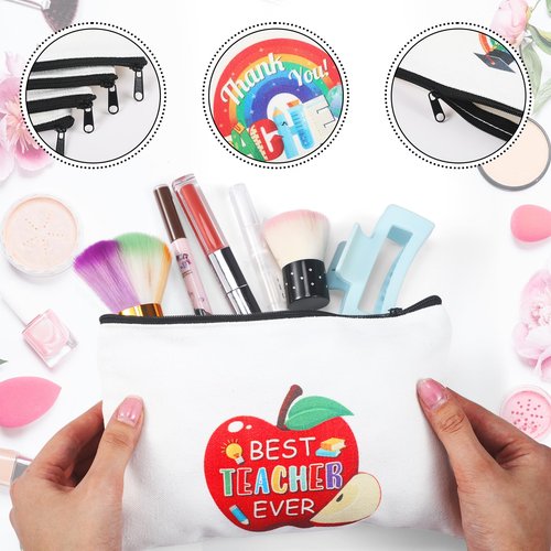Capoda 56 Pcs Teacher Appreciation Gifts in Bulk 28 Inspirational Flax Cosmetic Bags for Women 28 Motivational Quote Keychains Thank You Gifts for Teacher's Day Graduation Back to School(White)