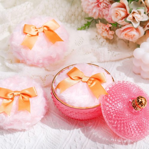 Teenyyou 4 Pcs Pink Large Body Powder Puff and Container for Body with Crystal Container Fluffy Soft Washable Face Glitter Powder Puff Puffs for Wet Dry