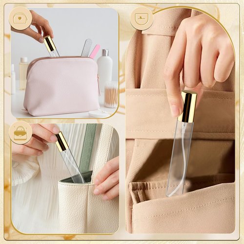 BOSMIOW 25Pcs 10ml Clear Glass Perfume Sample Vials with Golden Pump Head,Mini Empty Fine Mist Atomizer,Portable Essential Oils Spray Bottle,Travel Size Cosmetic Containers