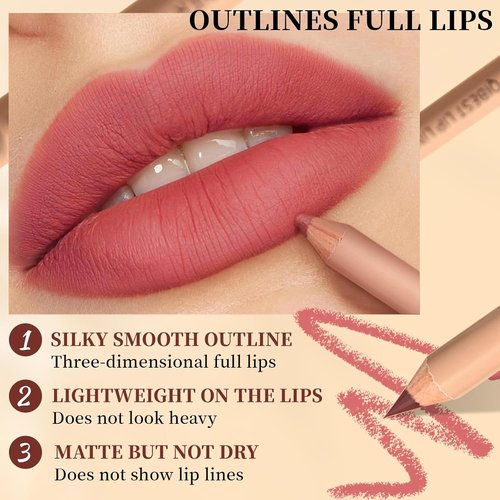 Skiennix Matte Velvet Lip Liner Set - 12 Highly Pigmented, Long-Lasting Waterproof Pencils in Natural Nude Brown