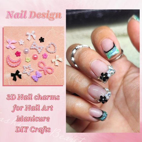 LoveOurHome 3D Star Moon Heart Bow Charms Nail Decorations Kit - Bow-Knot Floral Nail Studs Rhinestone Pink White Pearl Beads Acrylic Nail Design Jewelry Supplies with Tweezer