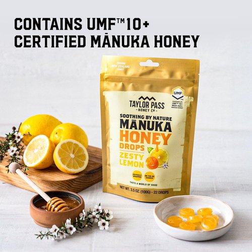 Taylor Pass Honey Co Mānuka Honey Drops UMF™ 10+ - Zesty Lemon Lozenges | Soothing Natural Relief | 22 Individually Wrapped Drops