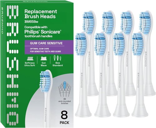 Brushmo Replacement Toothbrush Heads - Extra Soft Dupont Bristles for Sensitive Teeth | Compatible with Philips Sonicare | 8 Standard Heads in White