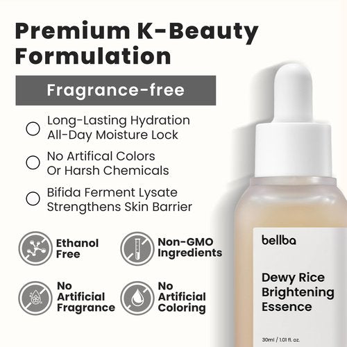 BELLBA Dewy Rice Essence Korean Serum for Face - K-beauty Skincare Rice Serum - Get Even Tone and Glass Skin - Hydrating, Lightweight, Non-Comedogenic (1 fl.oz)