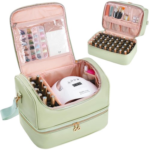 Uross Nail Polish Organizer Bag Holds 50 Bottles Nail Polish, Nail Lamp, Nail Supplies- Nail Organizers and Storage Case for Nail Tech, Nail Stuff Gel Kit Box Gift for Manicurist- Green