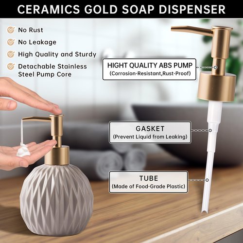 Ceramics Gold Soap Dispenser for Bathroom, Relief Soap Dispenser for Kitchen Sink, 400ml/13.5Oz Refillable Liquid Hand Soap Bottle with Gold Pump (Khaki).