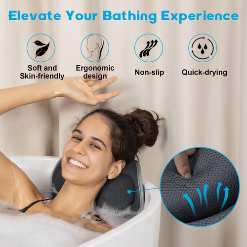 JUSDOO Bath Pillows for Tub Neck and Back Support - Upgraded Non-Slip Rubber Backing & 6 Suction Cups, 4D Air Mesh Spa Bathtub Cushion for Head Rest, Machine Washable with Laundry Bag & Hook (Gray)
