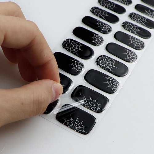 JMEOWIO Semi Cured Gel Nail Strips Halloween Black Gel Nail Stickers Nails Art Design Decoration Accessories