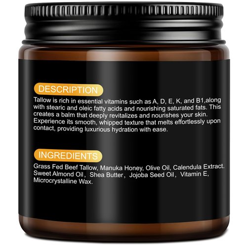 Beef Tallow for Skin, Tallow and Honey Balm, Organic Grass-Fed Beef Tallow + Raw Wild Honey, Jojoba Oil, Face & Body Moisturizer for Dry/Sensitive Skin, Deep Nourishing Natural Formula, Light Scent