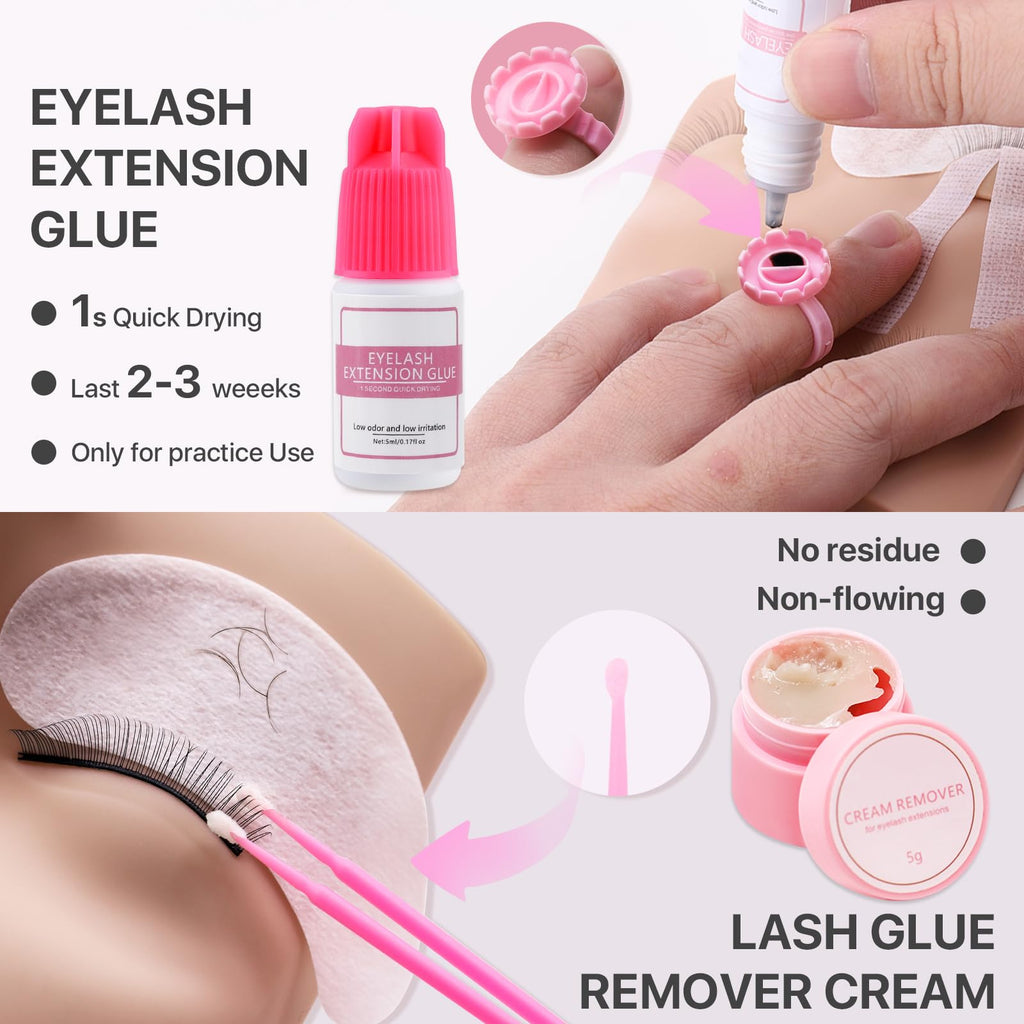 Vznffur Lash Kit for Beginners, Eyelash Extension Kit with Eye Lash Mannequin Head, Eyelash Extension Glue, Remover Cream, Tweezers for Practice Training