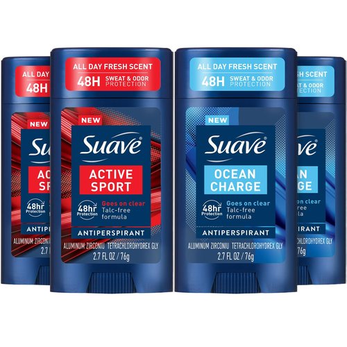 Suave Antiperspirant Deodorant for Men Variety 4-Pack – Active Sport, Bergamot & Wood + Ocean Charge, Marine & Driftwood, 48H Sweat & Odor Protection, 2.7 Oz Ea