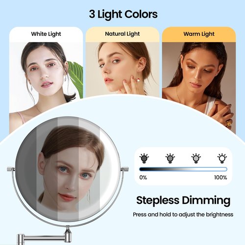 Gospire 8.5" Rechargeable Wall Mounted Lighted Makeup Mirror with Magnification 10X, Adjustable Brightness & Height, 3 Light Colors, 360° Rotation, Magnifying Mirror with Light for Women - Chrome