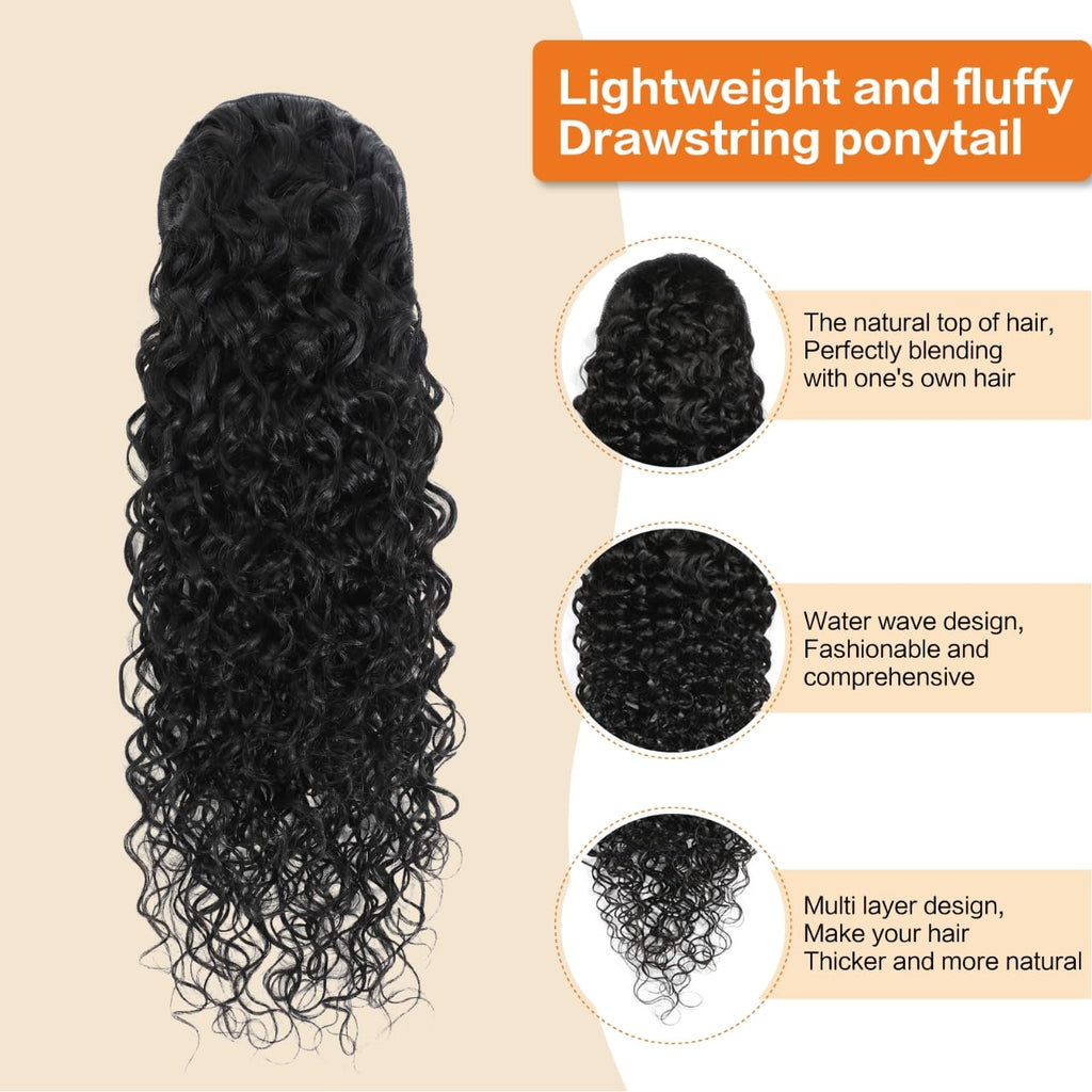 Yacurcur Water Wave Drawstring Ponytail Brazilian Remy Human Hair Ponytail Extensions for Black Women Ponytail Extension Human Hair Pieces Natural Black 16 Inch