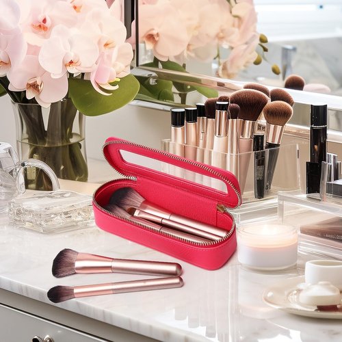 Pinkmik Makeup Brush Case Clear Travel Cosmetic & Toiletry Bag Slim Makeup Bag with Zipper Small Purse Organizer Car Essential Bag for Women (X/Fuxia, SLIM-3)