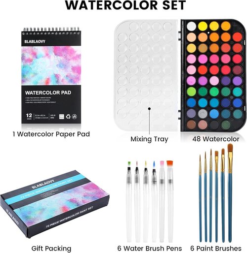 Blablaovy Watercolor Paint Set - 48 Washable Colors with Brushes & Palette | Ideal for Beginners & Kids