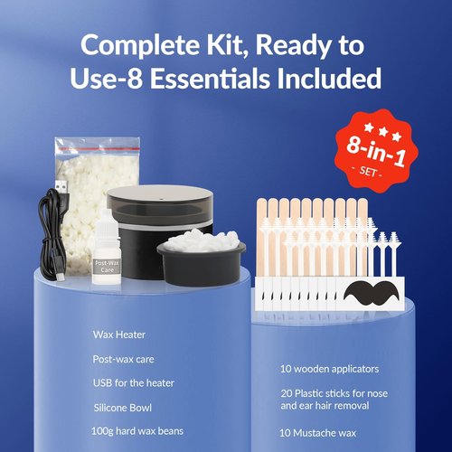 Nose Wax Kit Men & Nose Hair Wax Kit with 100g Wax Beads,20 Sticks, Mini Wax Warmer, Mini Wax Kit,Fast Heat, Smart Constant Temp, Portable Nose Hair Wax Kit，for Facial Eyebrows/Lips (Black-USB)
