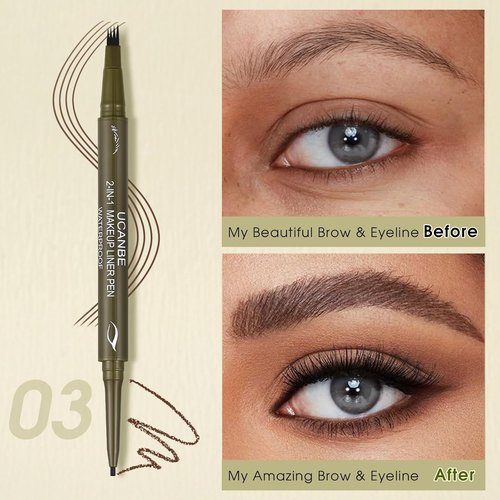 UCANBE Eyebrow Pen - Dual-Ended Pencil with 4-Fork Tip & Gel Eyeliner for Natural Hair-Like Strokes | Dark Brown