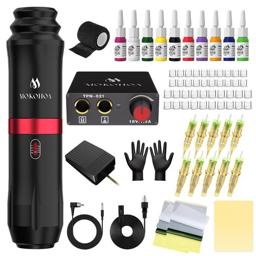 Tattoo Gun Kit Complete Tattoo Kit, Tattoo Machine Kit for Beginners, Rotary Tattoo Pen Kit,10 Pro Tattoo Cartridge Needles,10 Ink Color Set for Tattoo Supplies (Black)