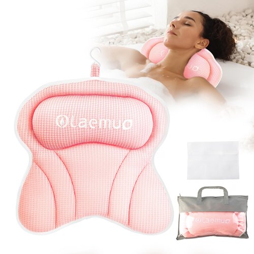 Olaemuo Bath Pillows for Tub, Bath Pillow Luxury Bathtub Pillow, Comfy Bath Tub Pillow for Bathtub for Head and Neck with Non-Slip Suction Cups for Tub, Relaxing Bath Accessories Spa Gifts-Pink
