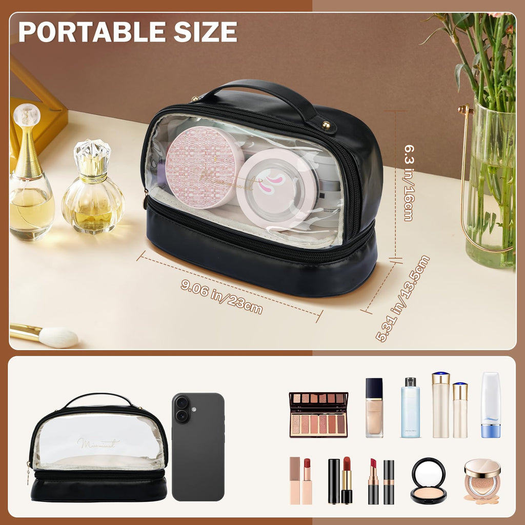 Yowivon Black Makeup Bag Organizer Travel Clear Cosmetic Bags for Women, Leather Waterproof Travel Size Skincare Make Up Bag Toiletry Bag, Graduation Birthday Gifts for Women Girls