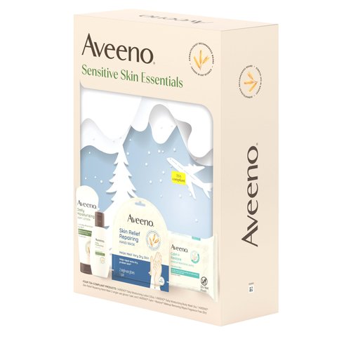 Aveeno Sensitive Skin Essentials Gift Set with Daily Moisturizing Lotion, Body Wash, Calm + Restore Makeup Removing Wipes, & Skin Relief Repairing Hand Mask, 4 Items