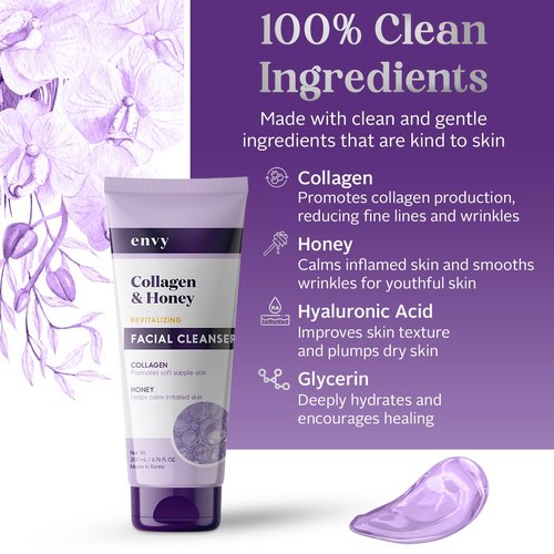 Envy Facial Cleanser with Collagen & Honey - Reduces Fine Lines, Wrinkles & Hydrating - Clean, Cruelty-Free Korean Skin Care for All Skin Types - Dermatologist Tested - 6.76 oz