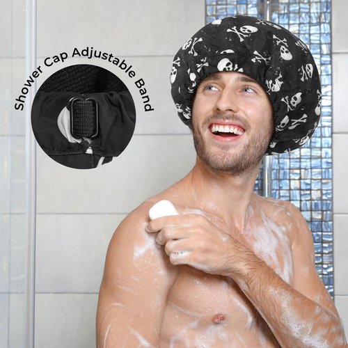 Shower Cap for Men Skulls Bath Cap, Reversible Large Waterproof Adjustable Shower Caps Terry Lining & Elastic Band Stretch Hem Hair Hat