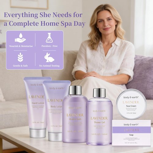 BODY & EARTH Bath and Body Gift Set - 6 Pcs Lavender Bath Kit for Women Spa Set, Perfect Birthday, Mother's Day, Valentine's Day Gift Set for Women Includes Bubble Bath, Shower Gel, Body Lotion