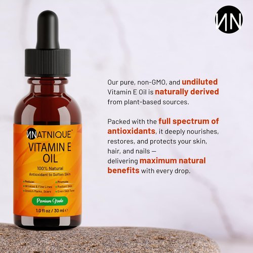 Natnique Vitamin E Oil 1 oz – Natural D-Alpha Tocopherol for Face, Skin, Hair & Nails – Pure, Non-GMO Moisturizer for Scars, Stretch Marks & Dry Skin – Cold-Pressed Carrier Oil for Body & Beauty Care
