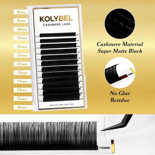 KOLYBEL Classic Lash Extensions 0.05 CC Cashmere Eyelash Extensions 8-16mm Mixed Lash Tray,Silk Volume & Classic Lashes Soft Matte Dark Professional Eyelashes Extension Salon Use(0.05-CC-8-16 mm)