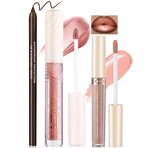 Noerrors 3 in 1 Nude Peach Lip Kit - Hydrating Lip Gloss, Matte Velvet Glaze & Creamy Pencil Set