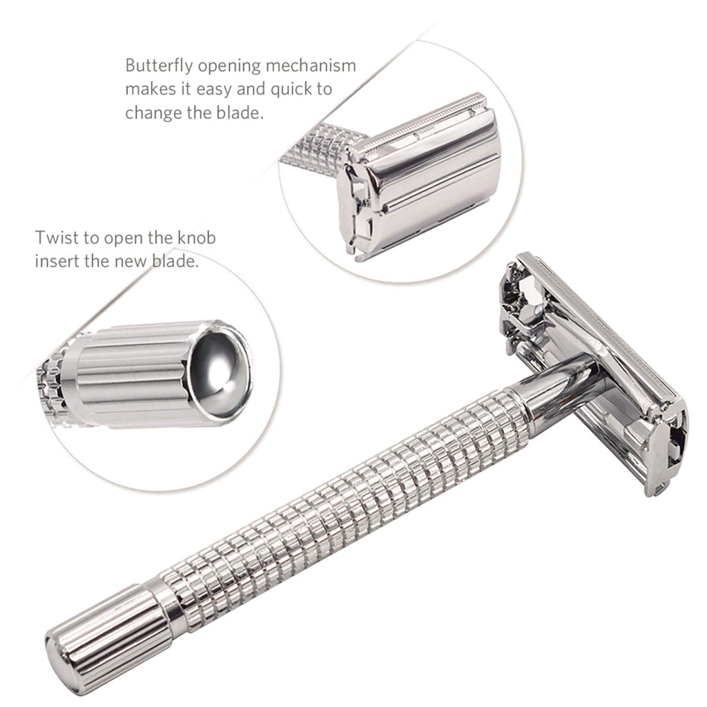 WEISHI Chrome Long Handle Butterfly Open Double Edge Safety Razor Kit - 1 Razor, 1 Stand & 10pcs Blades