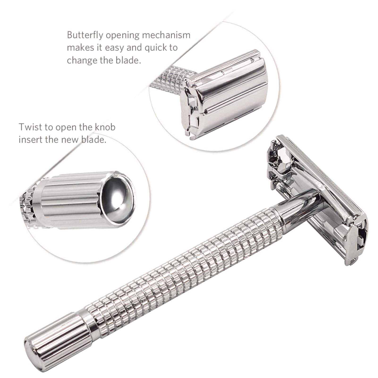 WEISHI Chrome Long Handle Butterfly Open Double Edge Safety Razor Kit - 1 Razor, 1 Stand & 10pcs Blades