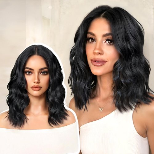 PISRY 14 Inch Short Wavy Wigs for Women Natural Curly Bob Style 6x4 Glueless Synthetic Lace Front Wig Pre Plucked Pre Cut Hairline Daily Party Use（Black）