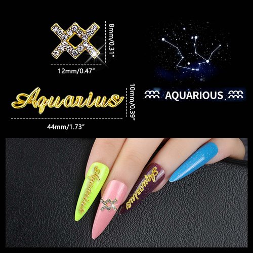 JERCLITY 30pcs Silver Gold Pink Alloy Aquarius Zodiac Nail Charms 15pcs Aquarius Sign Symbols 15pcs Constellation Words Nail Charms for Nails（Dates: January 21st to February 19th）