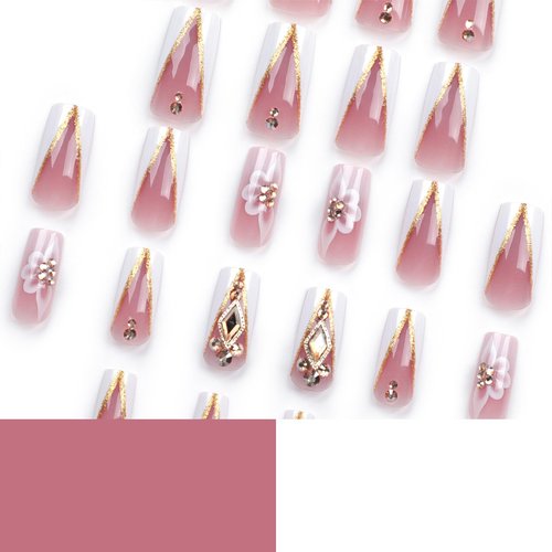 QQPPOLIU Nail Press Ons - French, Nude, Flower & Rhinestone Designs - Long, Medium, Coffin, Square, 3D, Glitter, Fake Nails - 24pcs