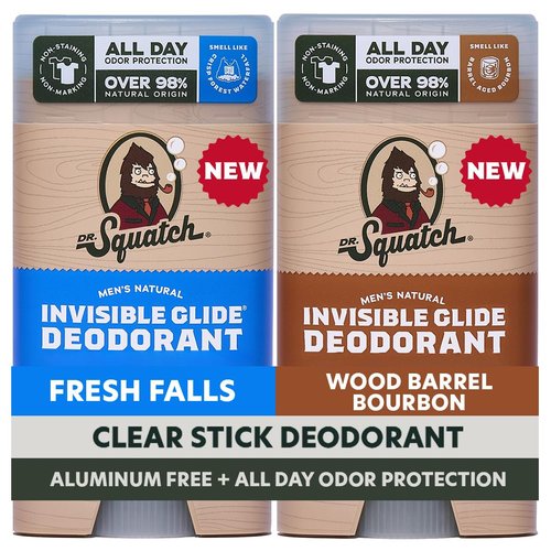 Dr. Squatch Invisible Glide Men’s Deodorant - Aluminum-Free, Stain-Free Formula - Fresh Falls & Wood Barrel Bourbon - 2.65oz (2-Pack)