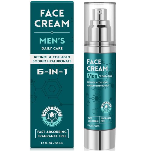 6-in-1 Face Cream for Men: Hydrating Water Based Men Face Moisturizer with Retinol, Collagen, Sodium Hyaluronate - Mens Anti Aging Face Cream for Day and Night Use (1.7 Fl Oz (Pack of 1))