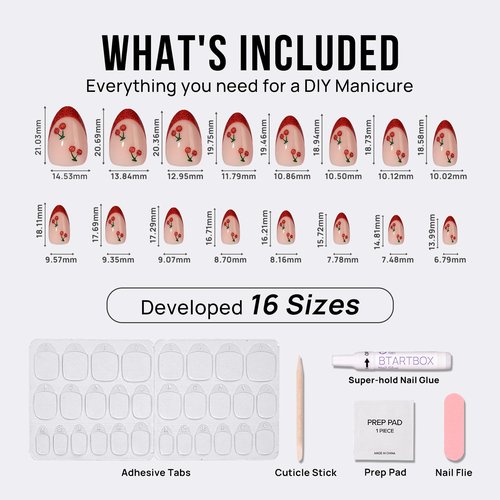 BTArtbox French Tip Press On Nails Almond - Red Press On Nails with Cherry Design, Short Almond Stick On Nails for Women, Soft Gel Fake Nails Kit in 16 Sizes, Sweet Cherry